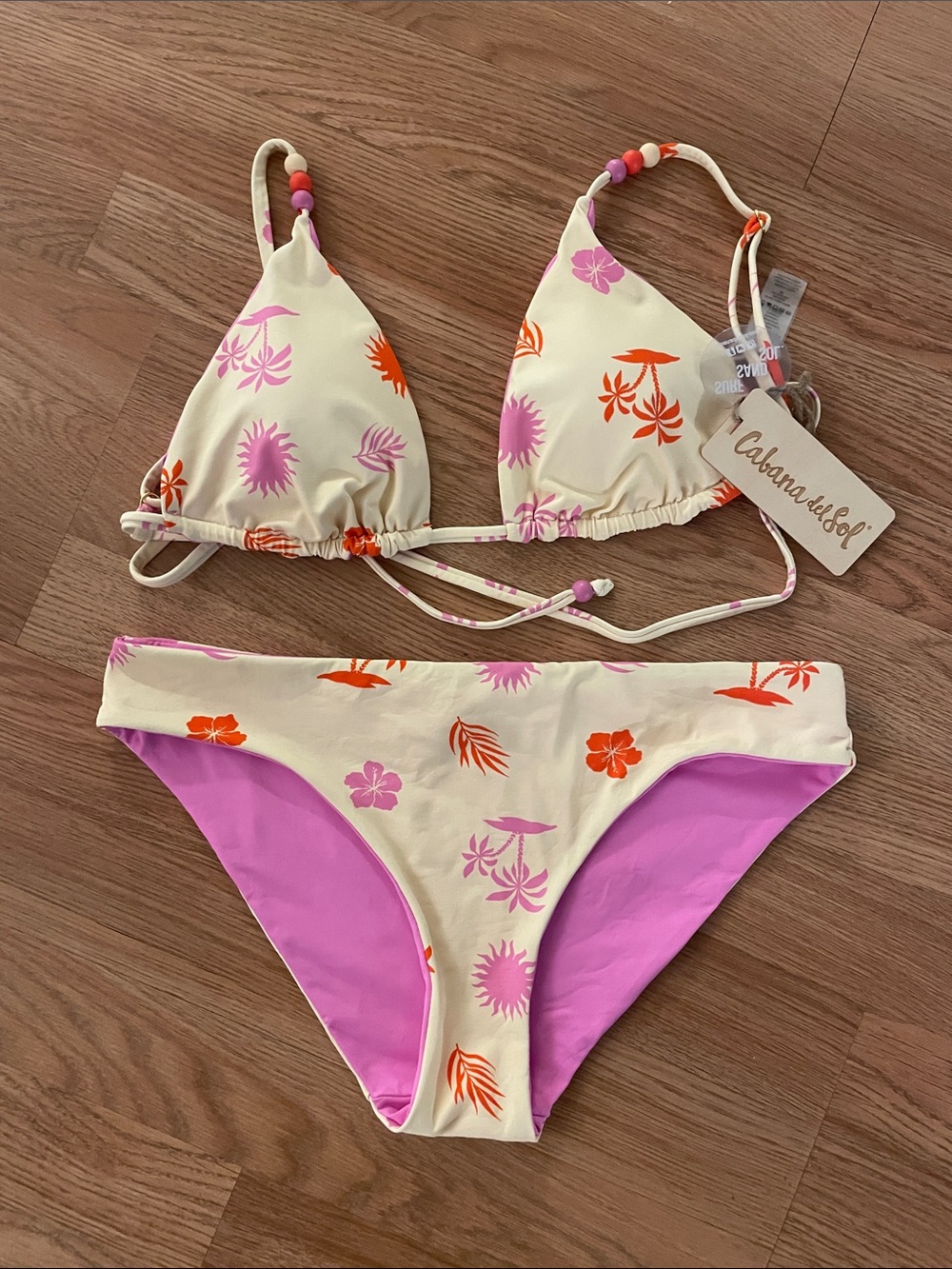 Cabana del Sol Reversible Bikini Large Tropical Floral Beaded Triangle Swimwear - Picture 2 of 7
